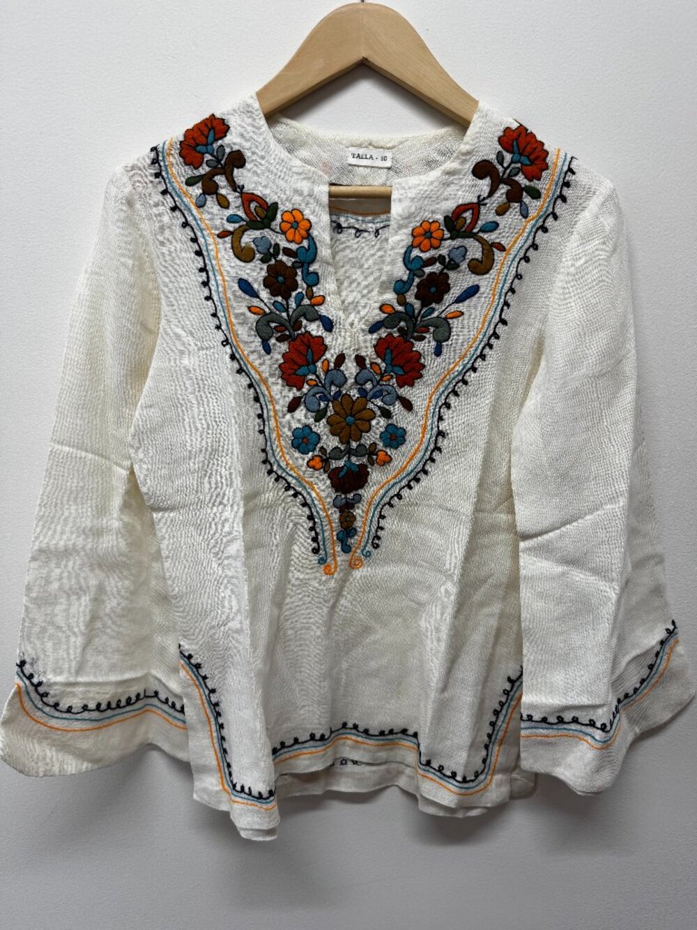 Talla Mexican Peasant Blouse Womens White Floral Embroidered Boho Top - 10